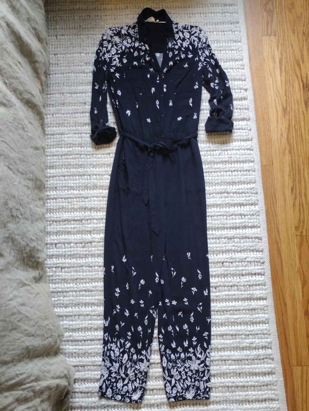 Anthropologie Navy Jumpsuit with White Floral Print